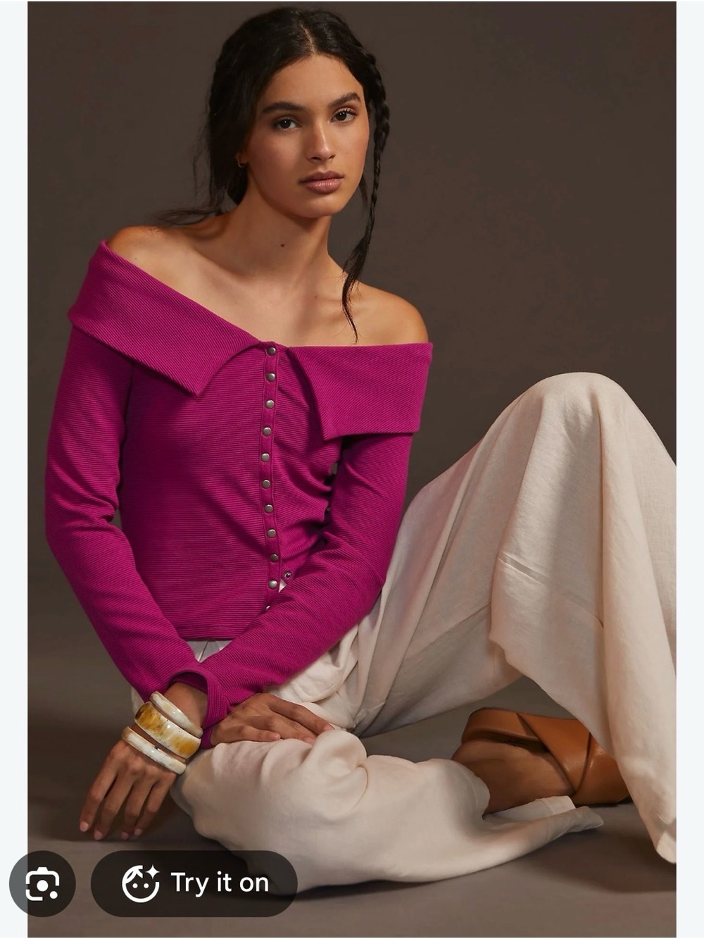 Anthropologie Off-the-Shoulder Button-Front Sweater in Fuchsia